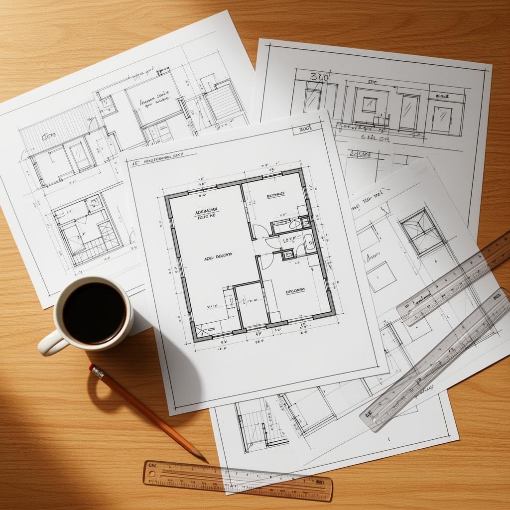 ADU floor plan and blueprint spread across a table during a design planning session