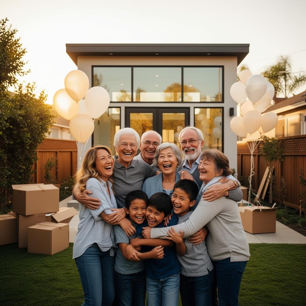 Three generations of a family celebrating together outside their newly built backyard ADU