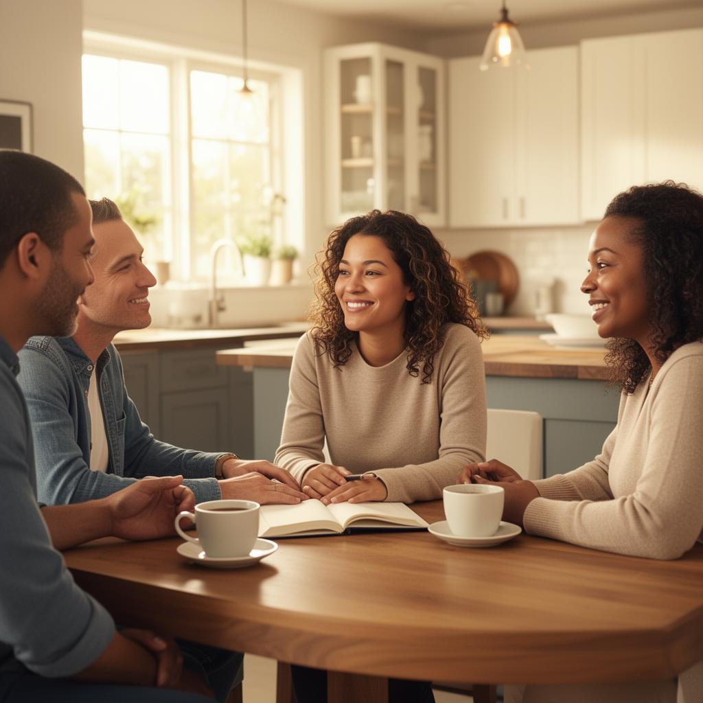 Adult daughter and her aging parents talking with a family advocate at a kitchen table in Los Angeles